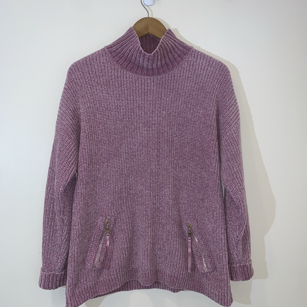 Elena Wang Womens Sweater Medium Lavender Mock Neck Ribbed Decorative Pockets